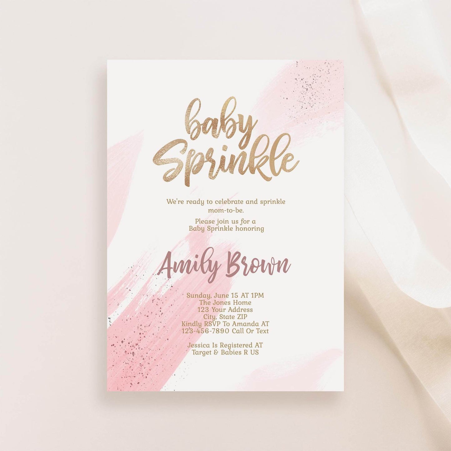 Girl Baby Sprinkle Invitation Template Printable, Gold Pink Baby Sprinkle Invite, Editable Girl Baby Shower Card, Email Text Message