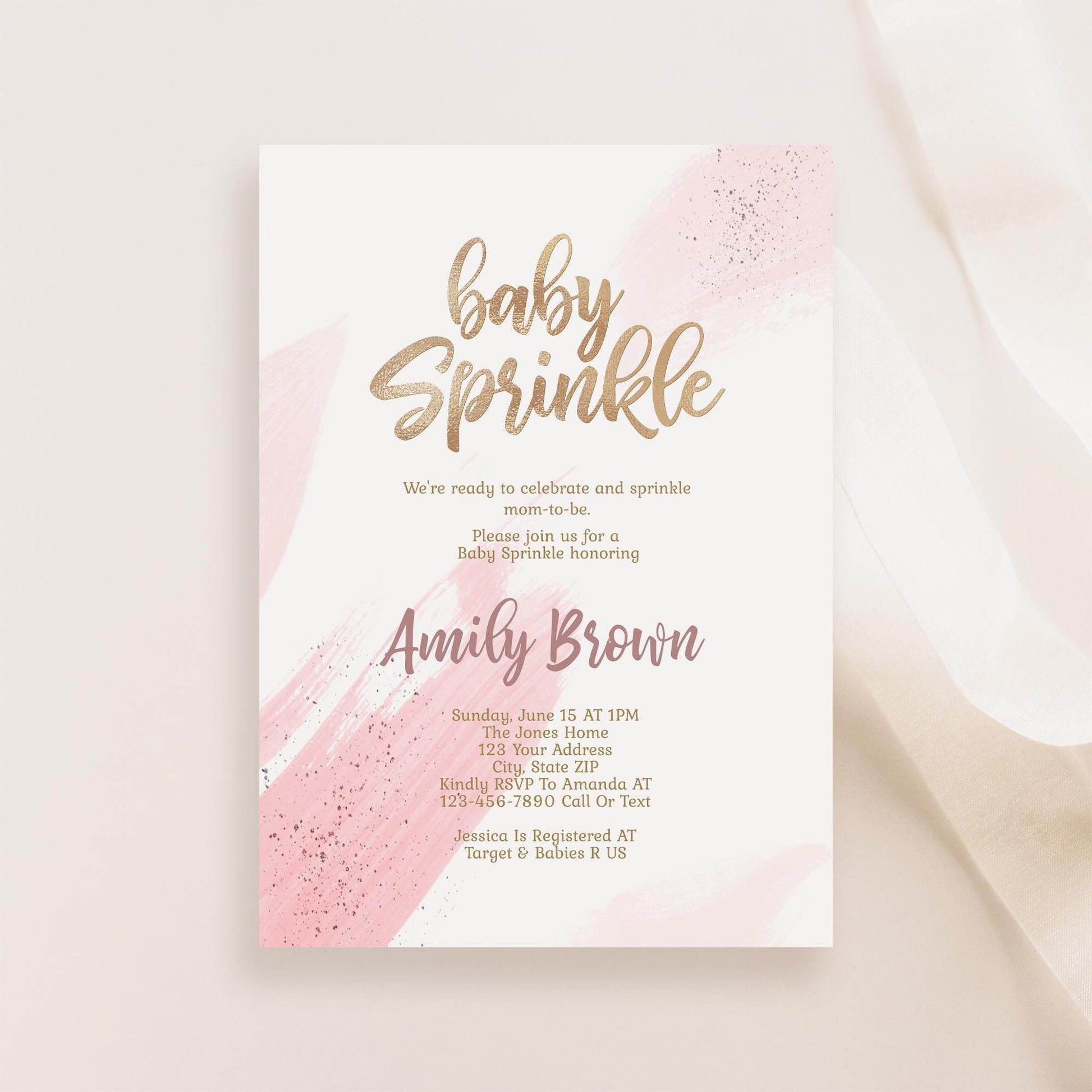 Girl Baby Sprinkle Invitation Template Printable, Gold Pink Baby Sprinkle Invite, Editable Girl Baby Shower Card, Email Text Message
