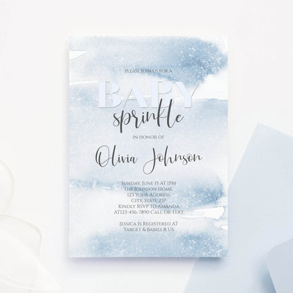 Blue Baby Sprinkle Invitation – Watercolor Baby Shower Template – Printable Boy Invite – Editable Digital Evite – Instant Download