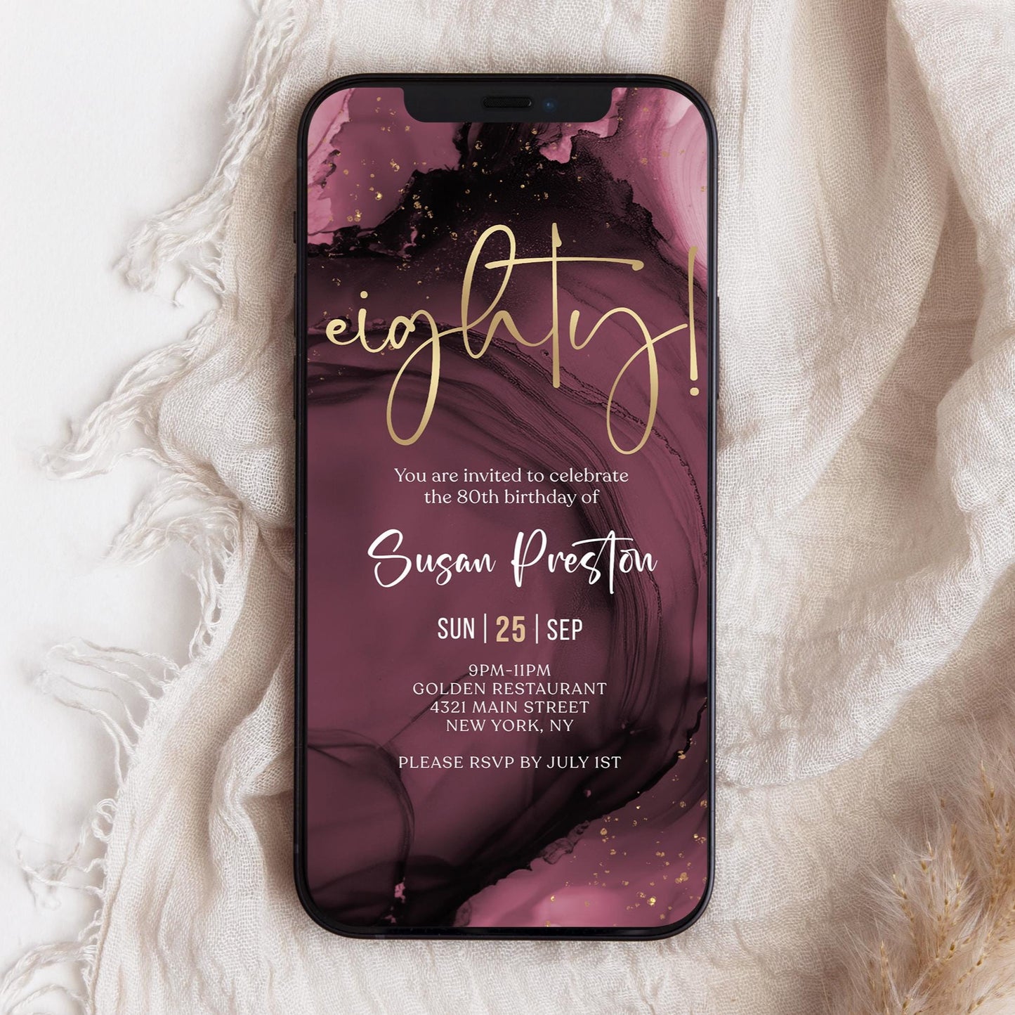 Purple Gold 80th Birthday Invitation Template, Digital Women's Birthday Invite Card, Editable Electronic Evite, Email & Text Message, Instant Download