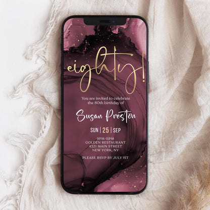 Purple Gold 80th Birthday Invitation Template, Digital Women's Birthday Invite Card, Editable Electronic Evite, Email & Text Message, Instant Download