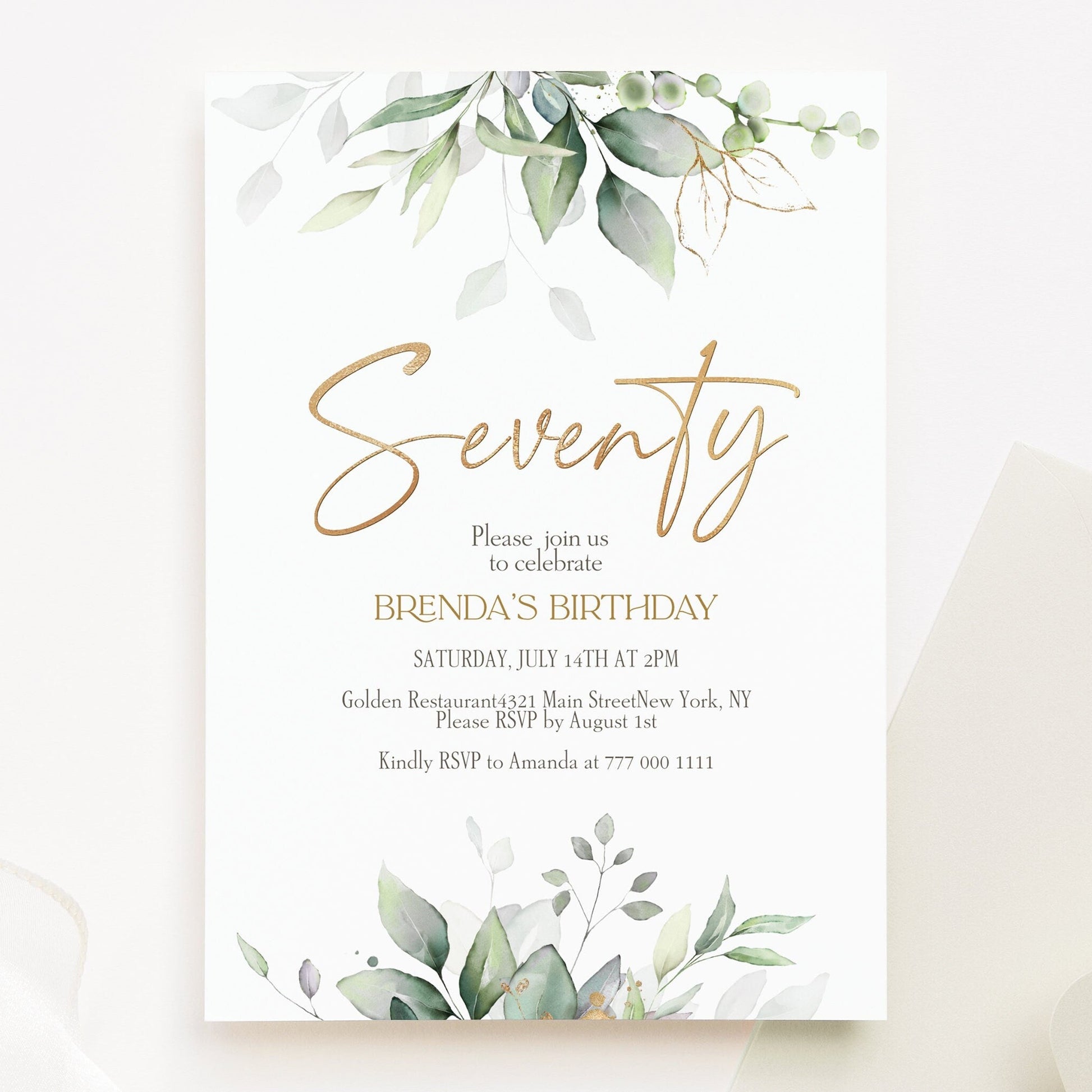 Greenery 70th Birthday Invitation Template | Boho Gold Foil Leaves Invite | Editable Text Message or Email Evite | Instant Download