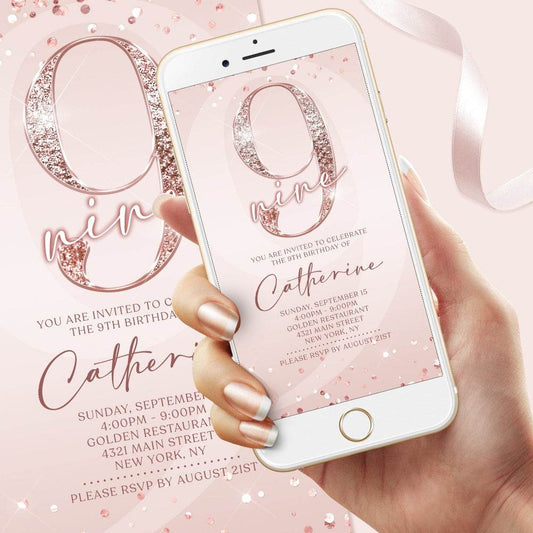 Digital Pink 9th Birthday Invitation Template | Editable Rose Gold Girl Party Invite | Instant Download Evite for 9th Birthday