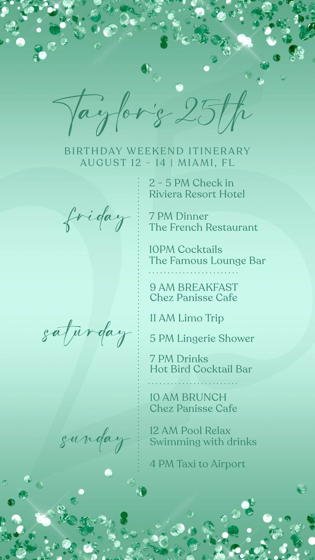Electronic Mint Green Birthday Weekend Itinerary Template, Editable Birthday Itinerary, Digital Weekend Party Schedule, Itinerary Text Evite