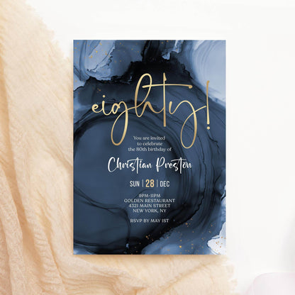 Blue Navy Gold 80th Eighty Birthday Invitation Template, Printable Men Birthday Invite, Editable Birthday Surprise Invite, Digital Download