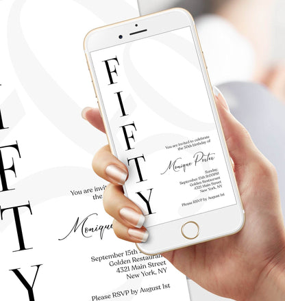 Digital Simple 50th Fifty Birthday Invitation Template, Electronic Minimalist Birthday Invite, Modern Any Age Invite, Text Message Evite