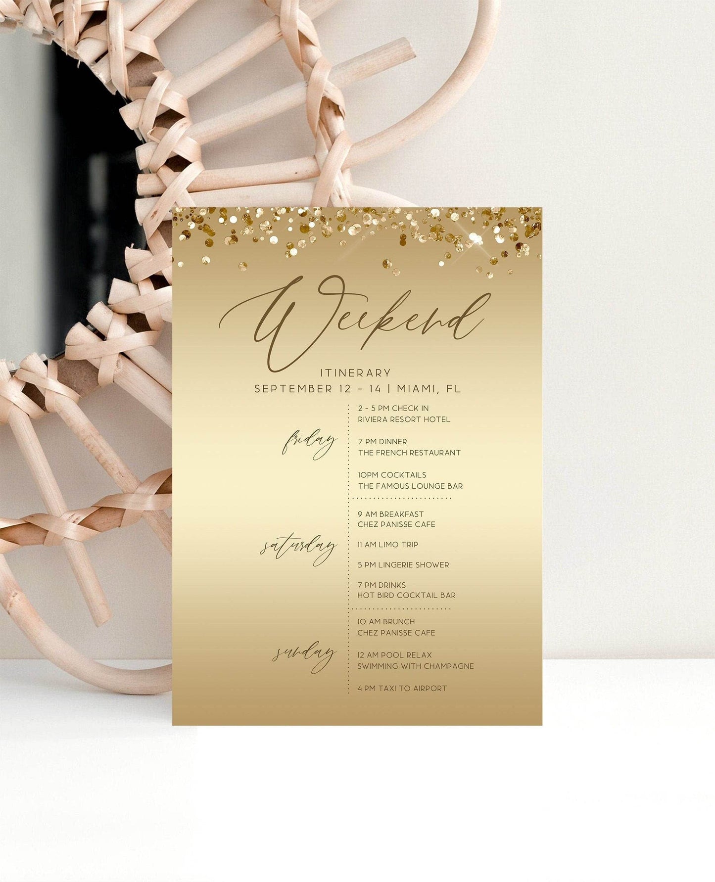 Printable Luxury Gold Weekend Itinerary Template, Editable Hens Party Weekend Itinerary, Bachelorette, DIY Modern Birthday Weekend Itinerary