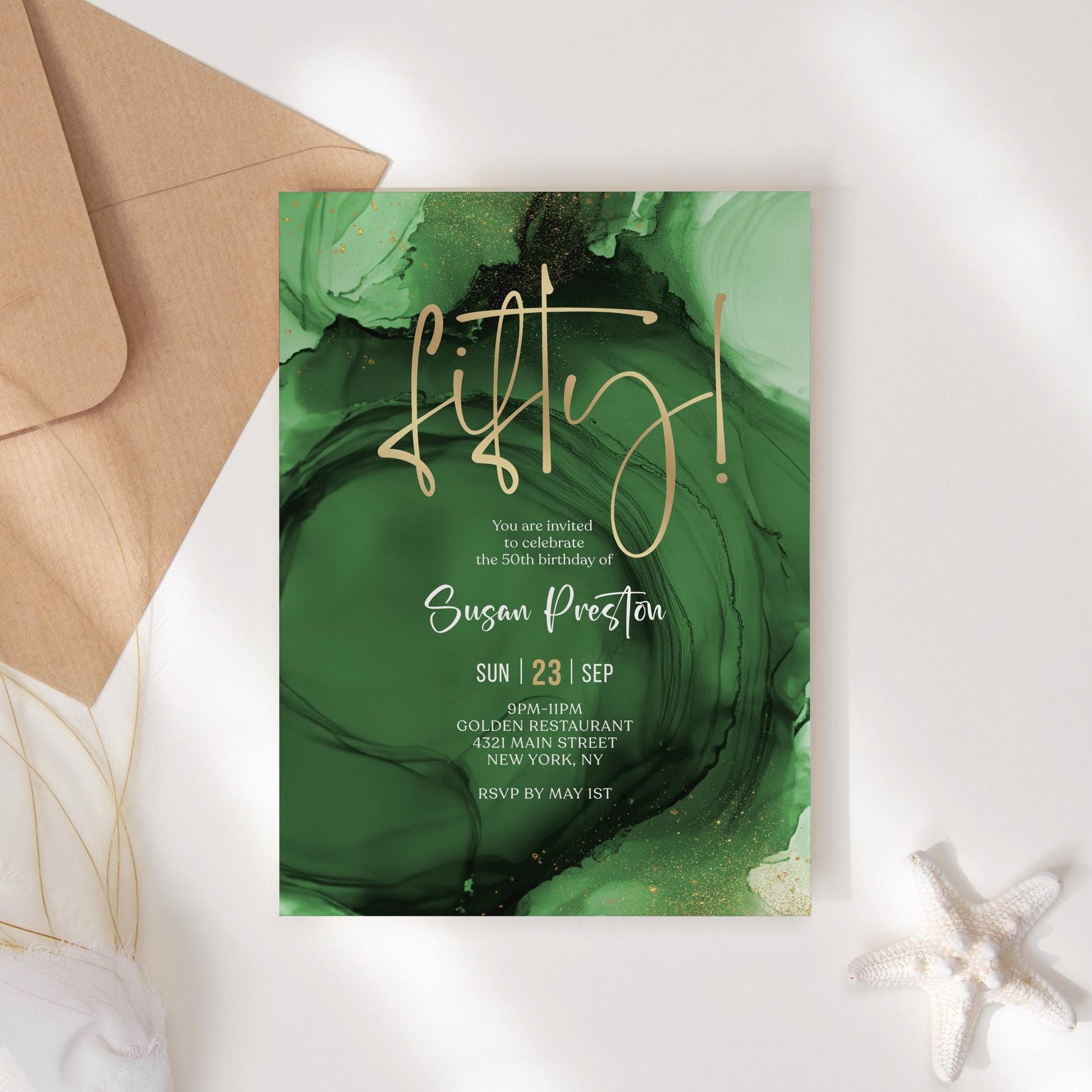 Green Emerald Gold 50th Fifty Birthday Invitation Template, Printable Woman Dinner Party Invite, Editable Surprise Invite, Digital Download