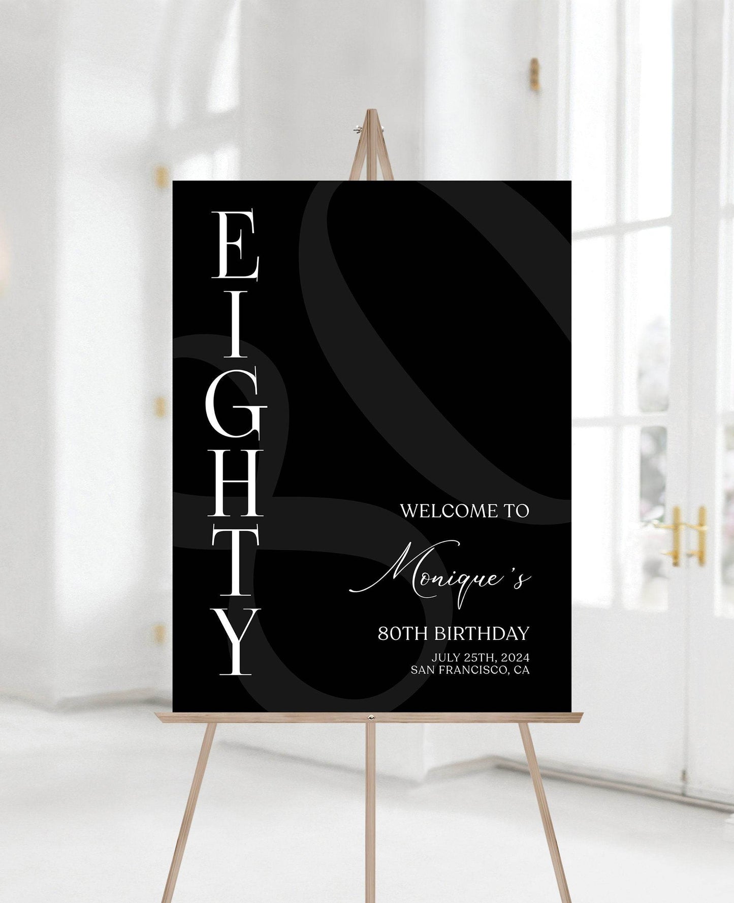 Simple Black 80th Birthday Welcome Sign Template – Printable Minimalist Eighty Birthday Poster | Editable Party Welcome Sign | Instant Download Decor