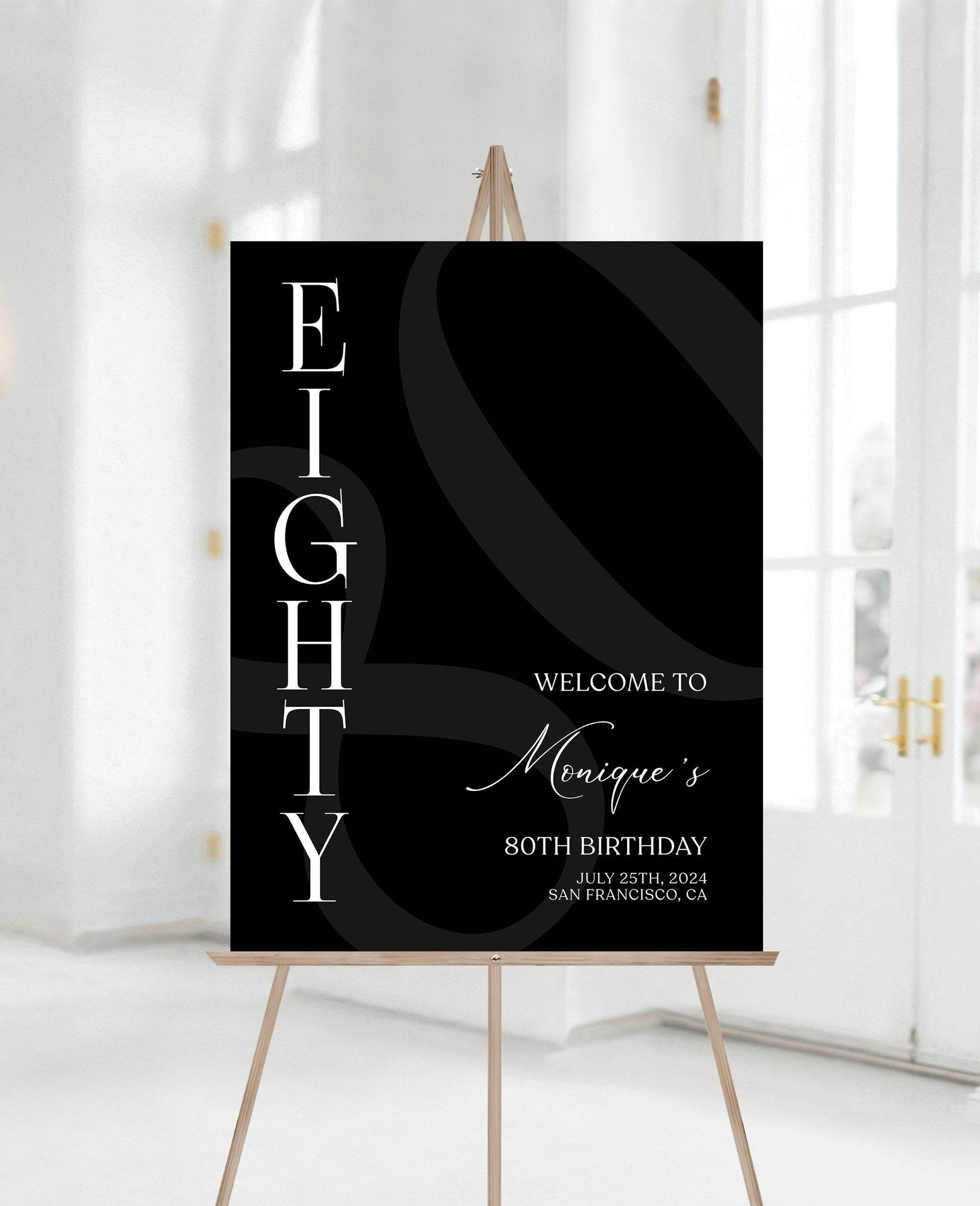 Simple Black 80th Birthday Welcome Sign Template – Printable Minimalist Eighty Birthday Poster | Editable Party Welcome Sign | Instant Download Decor