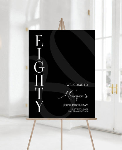 Simple Black 80th Birthday Welcome Sign Template – Printable Minimalist Eighty Birthday Poster | Editable Party Welcome Sign | Instant Download Decor