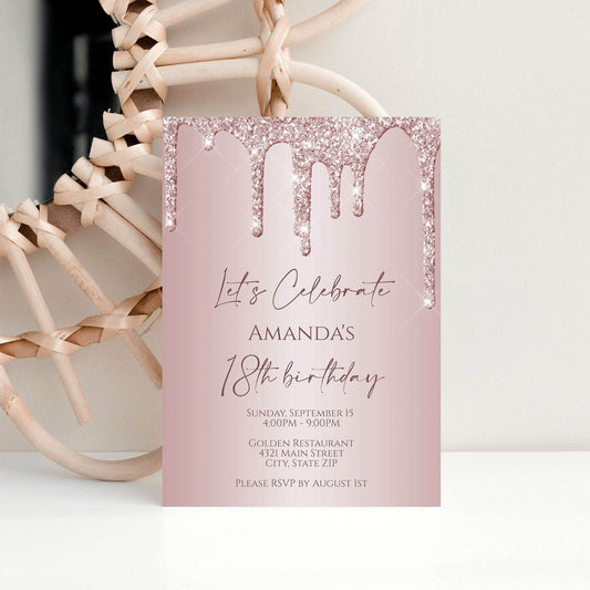 Let’s Celebrate 18th Birthday Invitation | Rose Gold Glitter Editable Invite | Printable 5x7 Digital Birthday Card | Instant Download Template