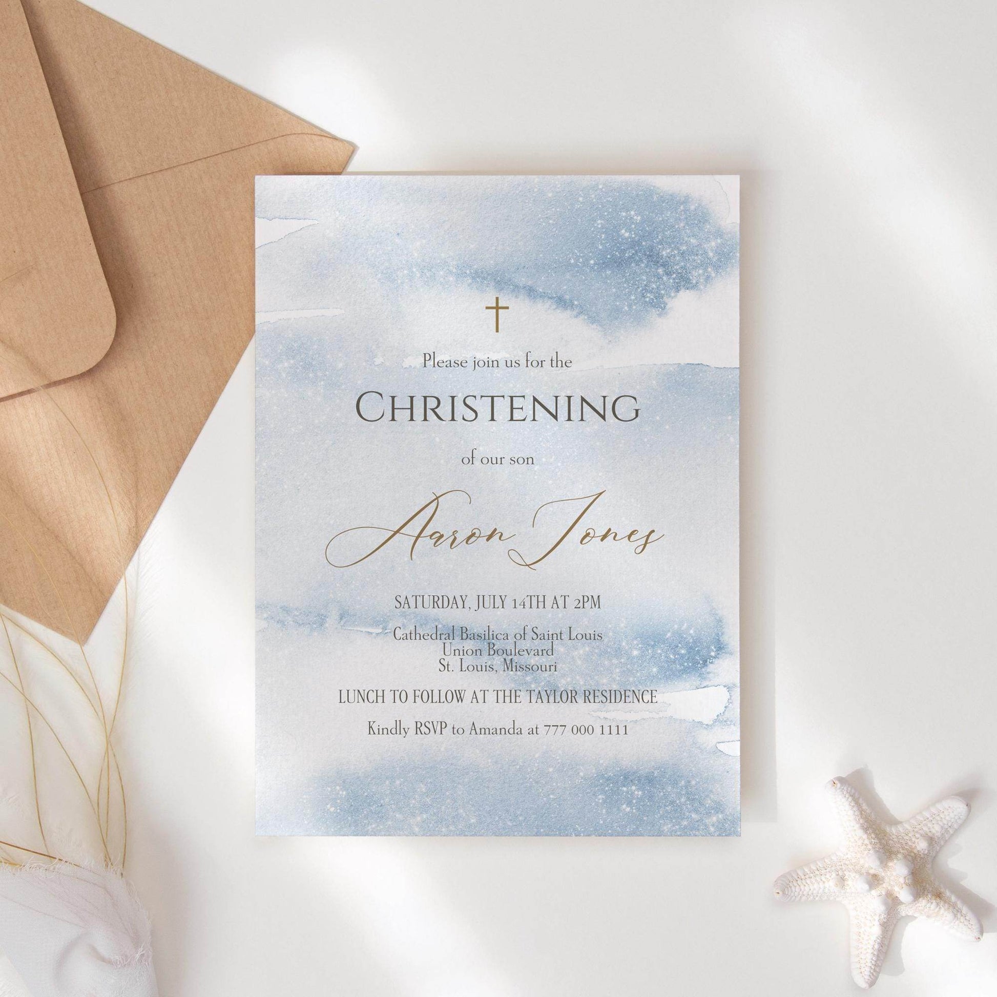Boy Christening Invitation Template Printable – Blue Watercolor Baptism Invite – Editable Baby Boy Christening Card – Instant Download Digital Invite