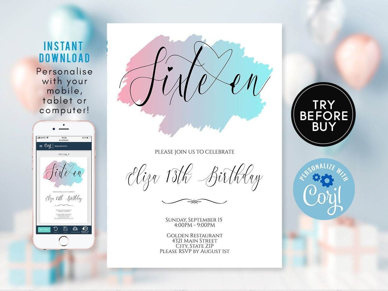 Sweet 16 Birthday Invitation Template – Editable Pink, Purple & Blue Sixteenth Birthday Invite | Printable DIY Party Invitation | Instant Download