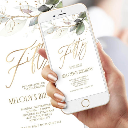 Digital Greenery Fifty 50th Birthday Invitation Template | Boho Phone Party Invite | Text Message Evite | Instant Download