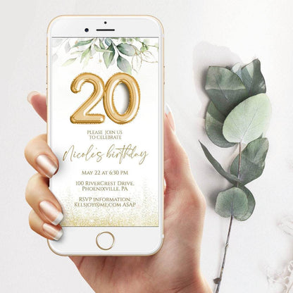 20th Birthday Gold Balloon Text Invitation – Editable Digital Phone Evite – Electronic Birthday Invite Template – Instant Download
