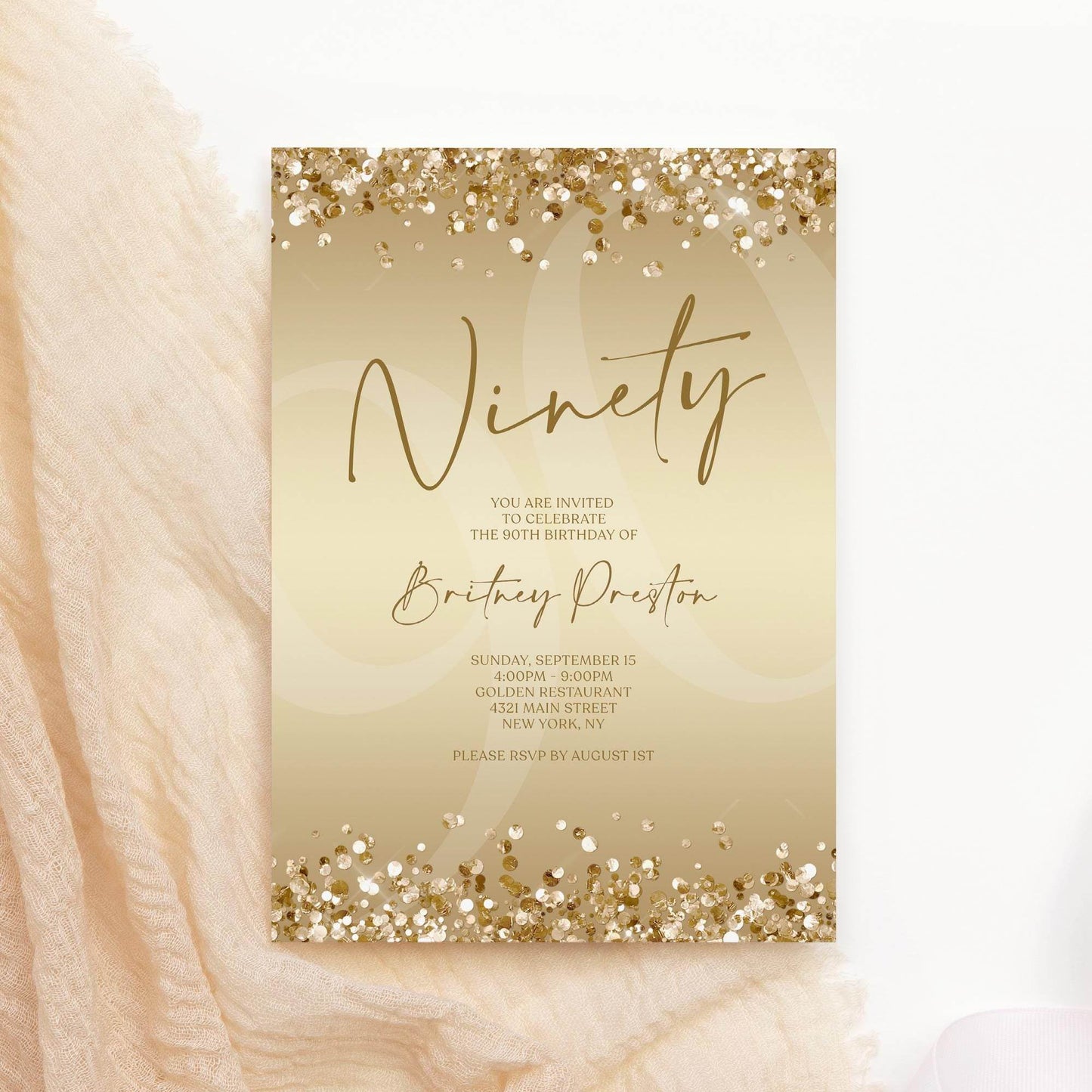 Gold Ninety 90th Invitation Template Printable, Editable Gold Confetti 90th Birthday Invite, Email Text Message, Ladies Surprise Party Card