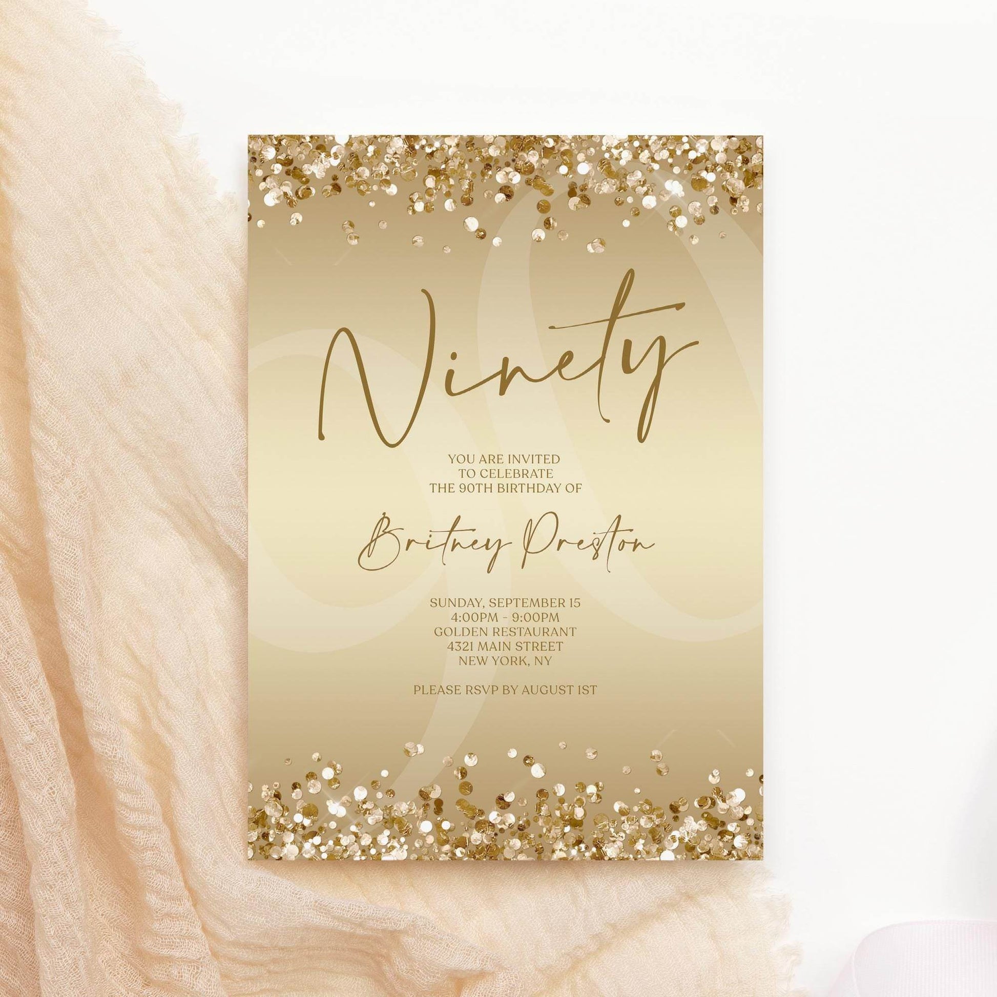 Gold Ninety 90th Invitation Template Printable, Editable Gold Confetti 90th Birthday Invite, Email Text Message, Ladies Surprise Party Card