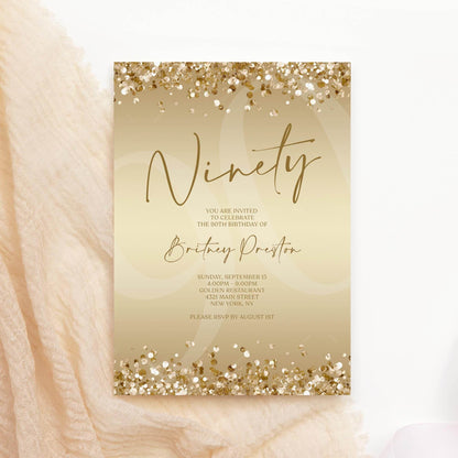 Gold Ninety 90th Invitation Template Printable, Editable Gold Confetti 90th Birthday Invite, Email Text Message, Ladies Surprise Party Card