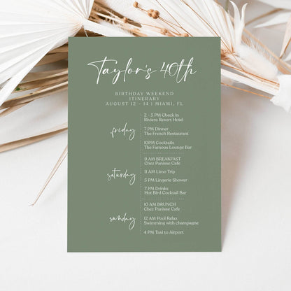 Sage Green 40th Birthday Weekend Itinerary Template, Printable Minimalist Itinerary, Editable Birthday Schedule, Digital Party Weekend Invite