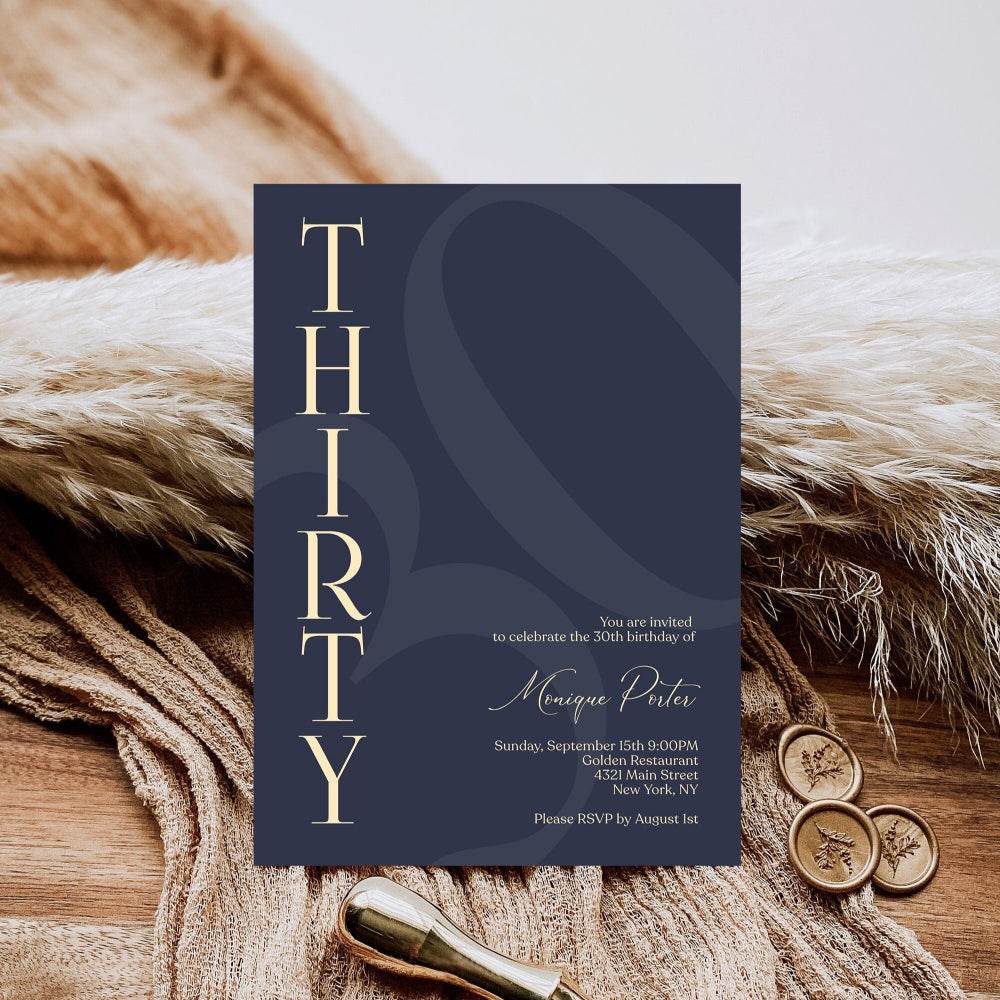 Navy 30th Birthday Invitation Template – Printable Minimalist Thirty Birthday Invite | Modern Elegant Men’s Birthday Evite | Editable Instant Download
