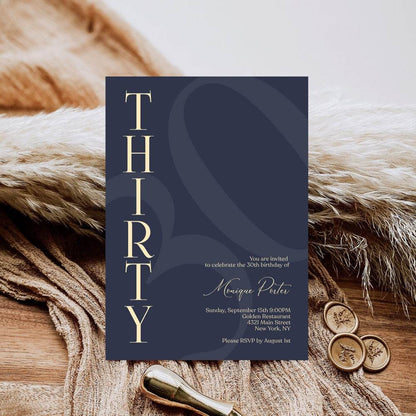 Navy 30th Birthday Invitation Template – Printable Minimalist Thirty Birthday Invite | Modern Elegant Men’s Birthday Evite | Editable Instant Download