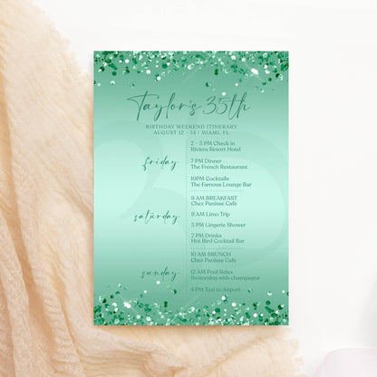 Editable Green Mint Birthday Itinerary Template, Printable Woman Itinerary, Ladies Weekend Itinerary, Party Schedule, Email Text Message