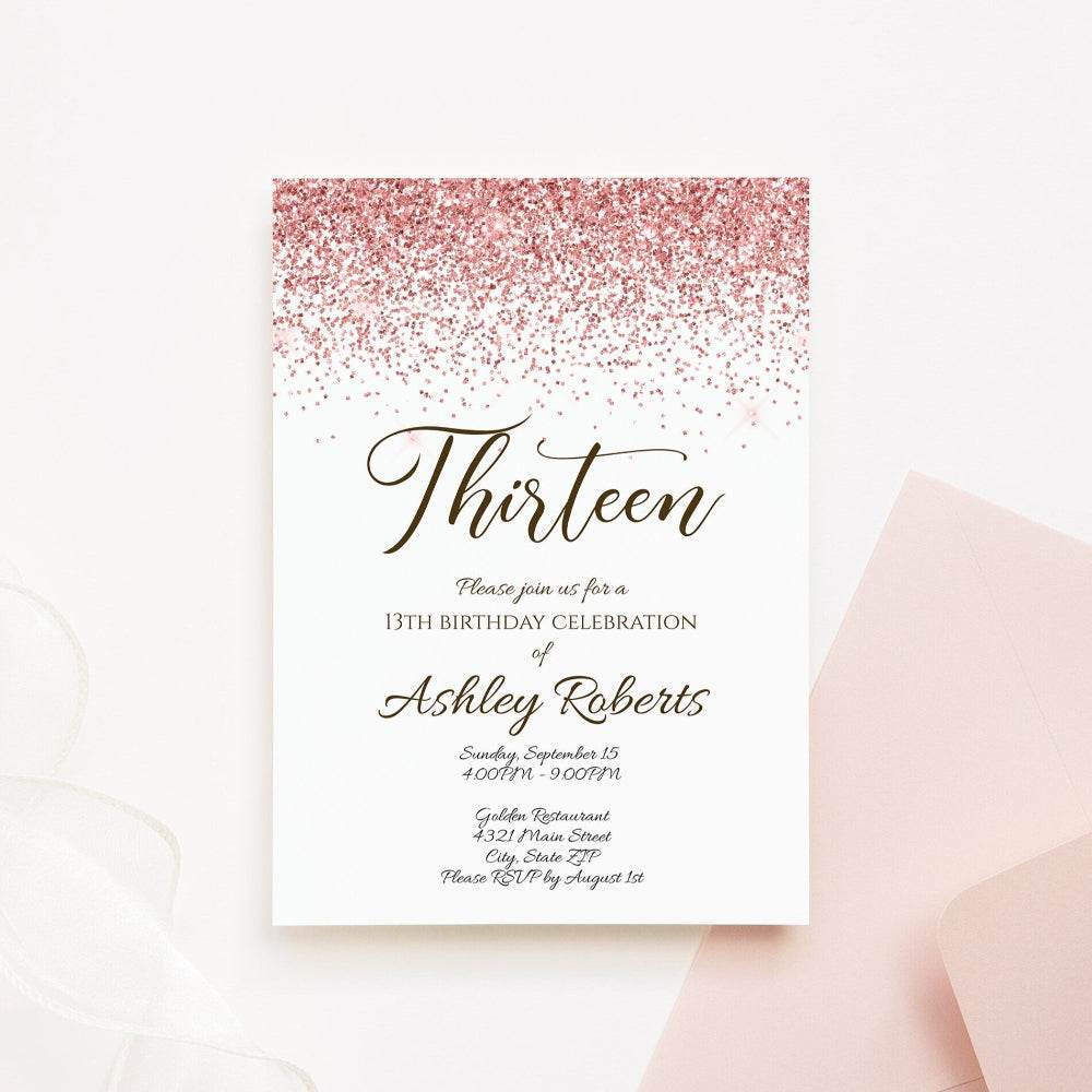 Luxury 13th Birthday Invitation Template - Rose Gold Glitter Confetti | Editable Teen Girl Invite | Thirteen Birthday Party | DIY Digital Download