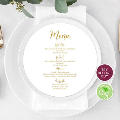 Round Wedding Menu, Editable Gold Wedding Menu, Circle Menu Template, Printable Menu, Calligraphy Wedding Menu, Dinner Menu Download DIY