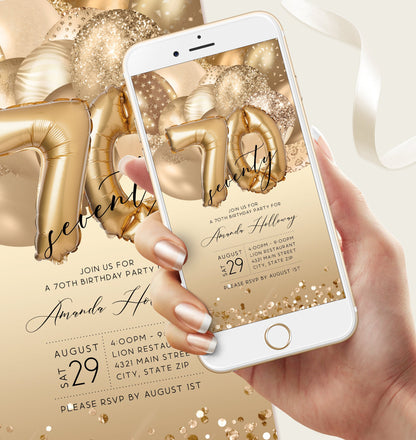 Digital Seventy 70th Birthday Electronic Invite, Editable Invite, Gold Balloons, Text Message Evite, Custom Mobile Invitation, DIY Template