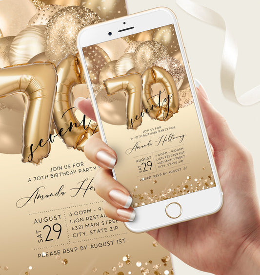 Digital Seventy 70th Birthday Electronic Invite, Editable Invite, Gold Balloons, Text Message Evite, Custom Mobile Invitation, DIY Template