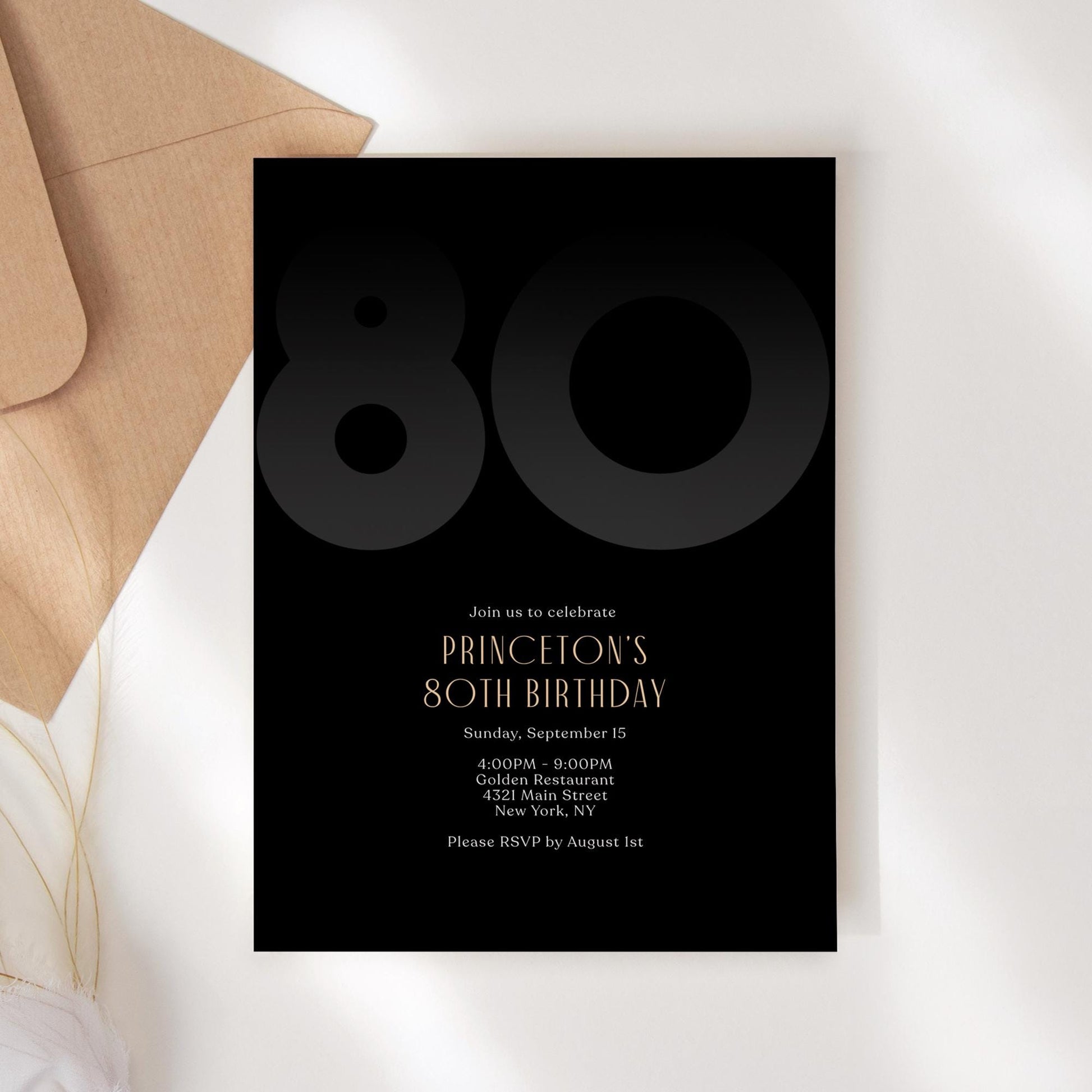 Black 80th Eighty Birthday Invitation Template, Editable Modern Party Invite for Him, Printable Black Elegant Invitation, Instant Download