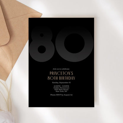 Black 80th Eighty Birthday Invitation Template, Editable Modern Party Invite for Him, Printable Black Elegant Invitation, Instant Download