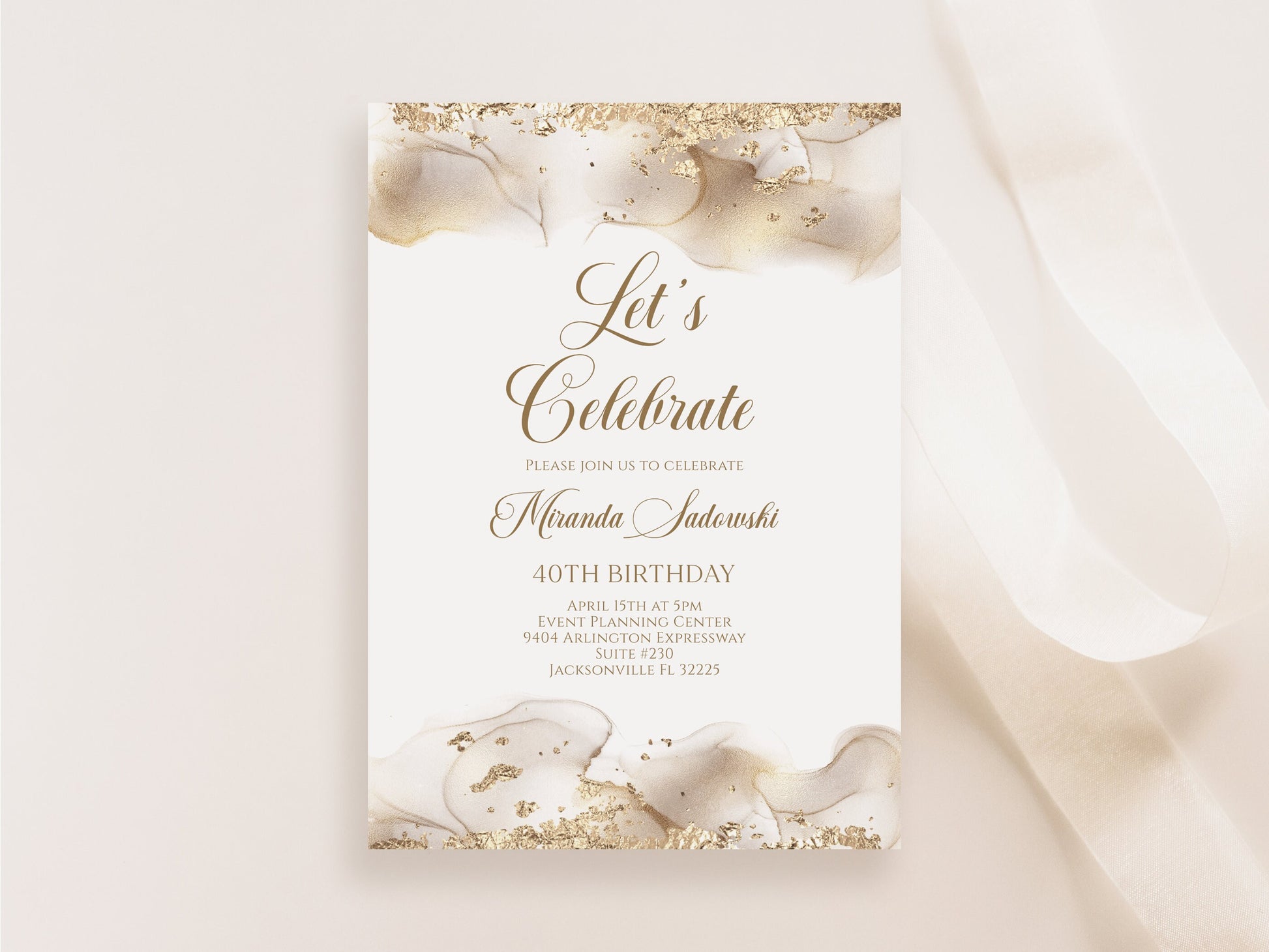 Printable Let's Celebrate White Gold Birthday Invitation Template, Any Age Gold Birthday Invite, Editable Let's Celebrate Birthday Card 5x7