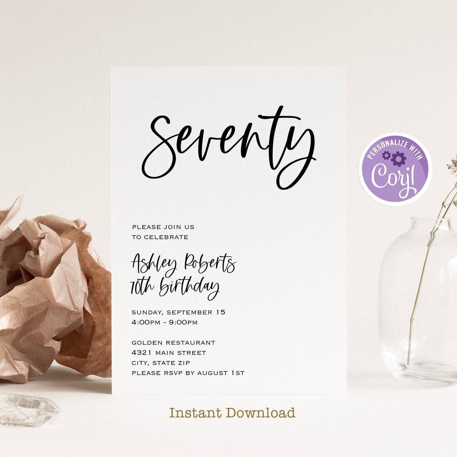 Simple 70th Birthday Invitation, Editable Birthday Invite, Seventy Birthday, Printable Women or Mens Birthday Invitation, INSTANT DOWNLOAD