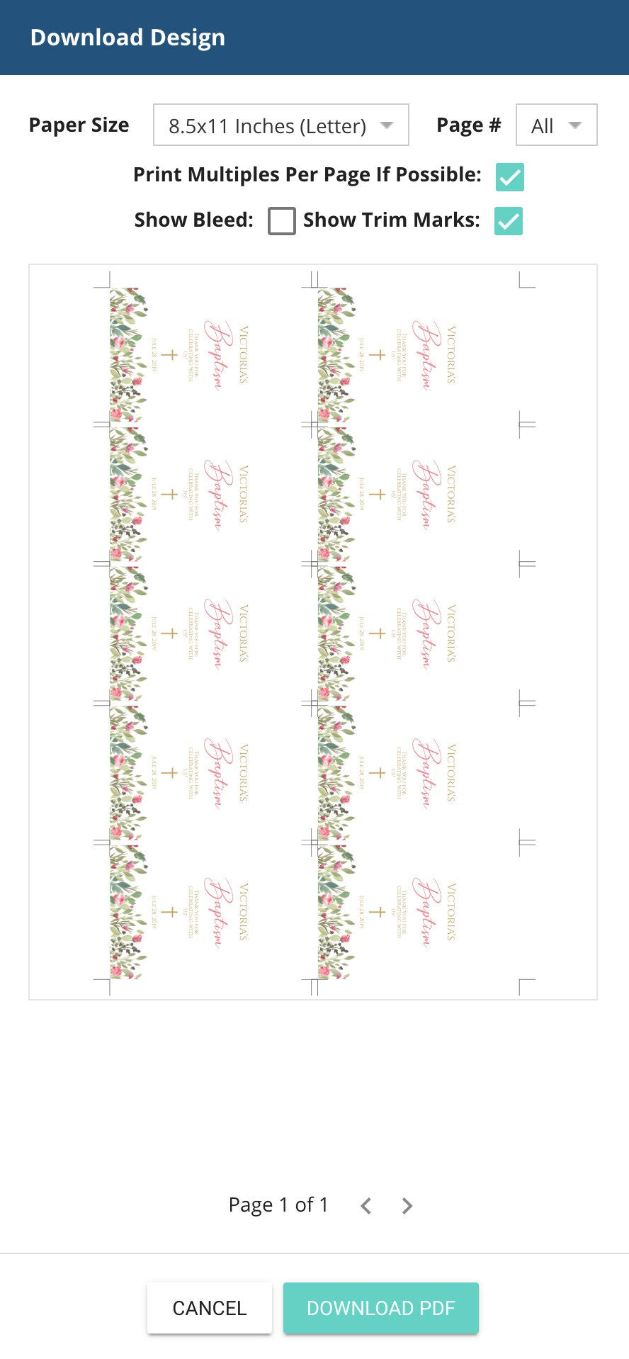 Baptism Thank You Tag Template, Instant Download, Editable Printable Baptism Tag, Spring Floral Christening Favor Tag, Gold Cross DIY Tag