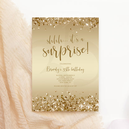 Gold Surprise Party Invitation Template - Editable Birthday Invite