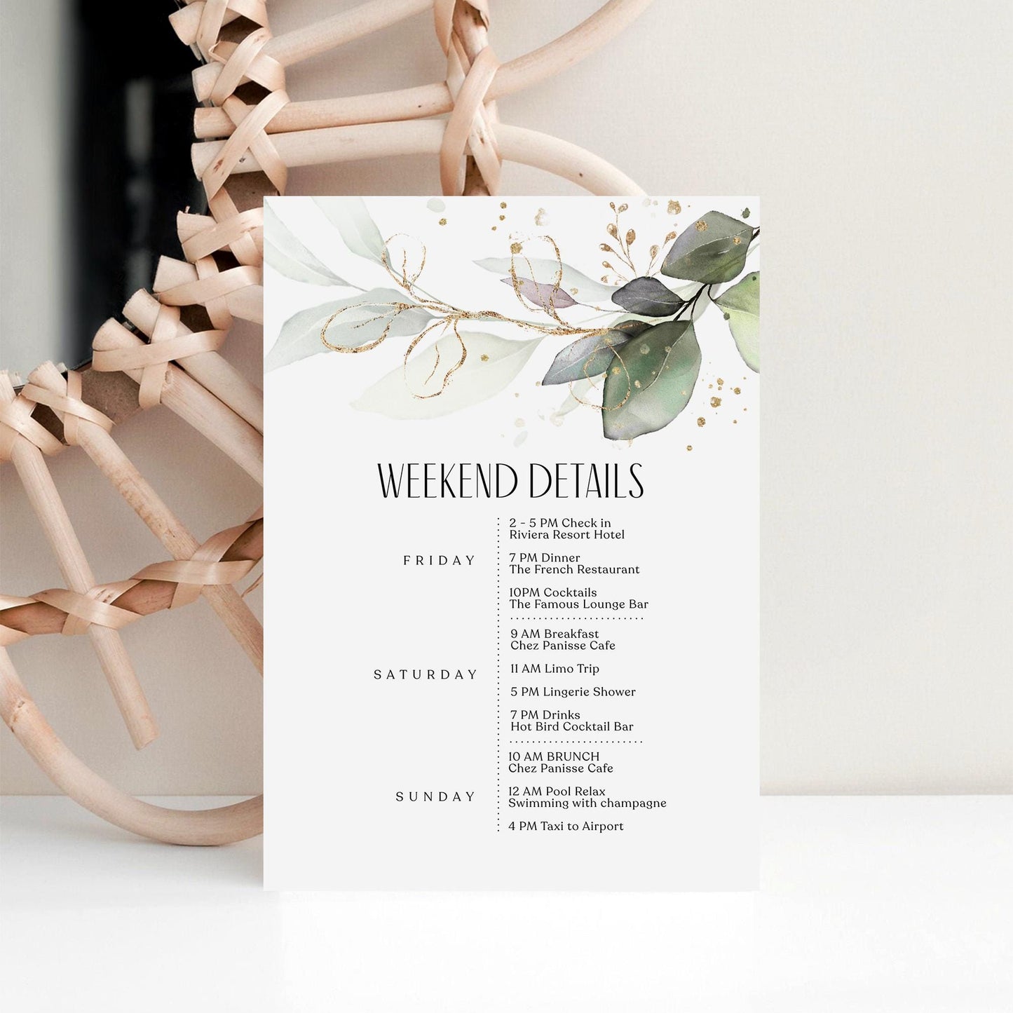 Editable Greenery Wedding Itinerary Card Template, Eucalyptus Wedding Weekend Details Template, Digital Timeline Schedule Weekend Events