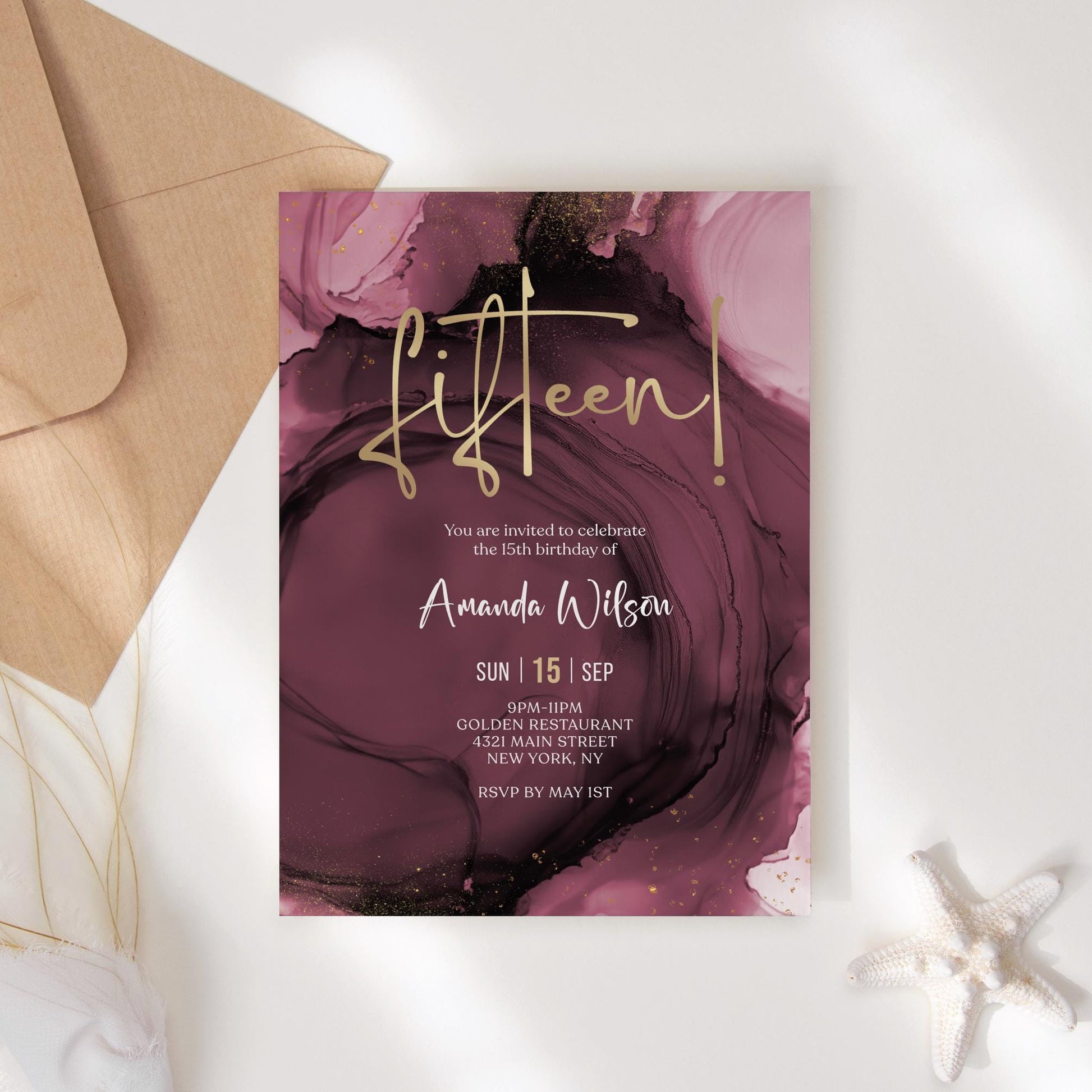 15th Birthday Invitation Template | Editable Surprise Invite | Gold Foil Design