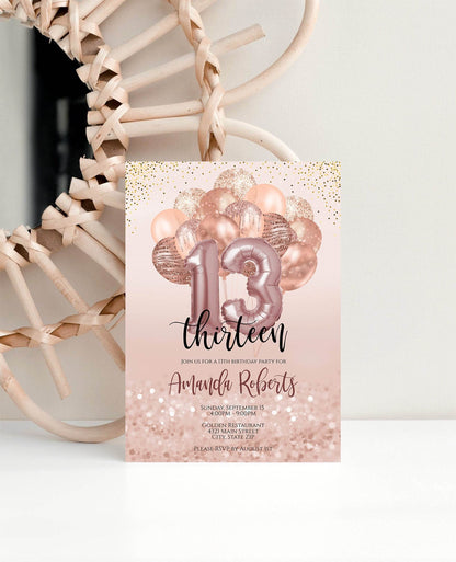 Thirteen 13th Birthday Invitation, Editable Birthday Invite with Balloons, Printable & Digital Text Message Evite, Instant Download