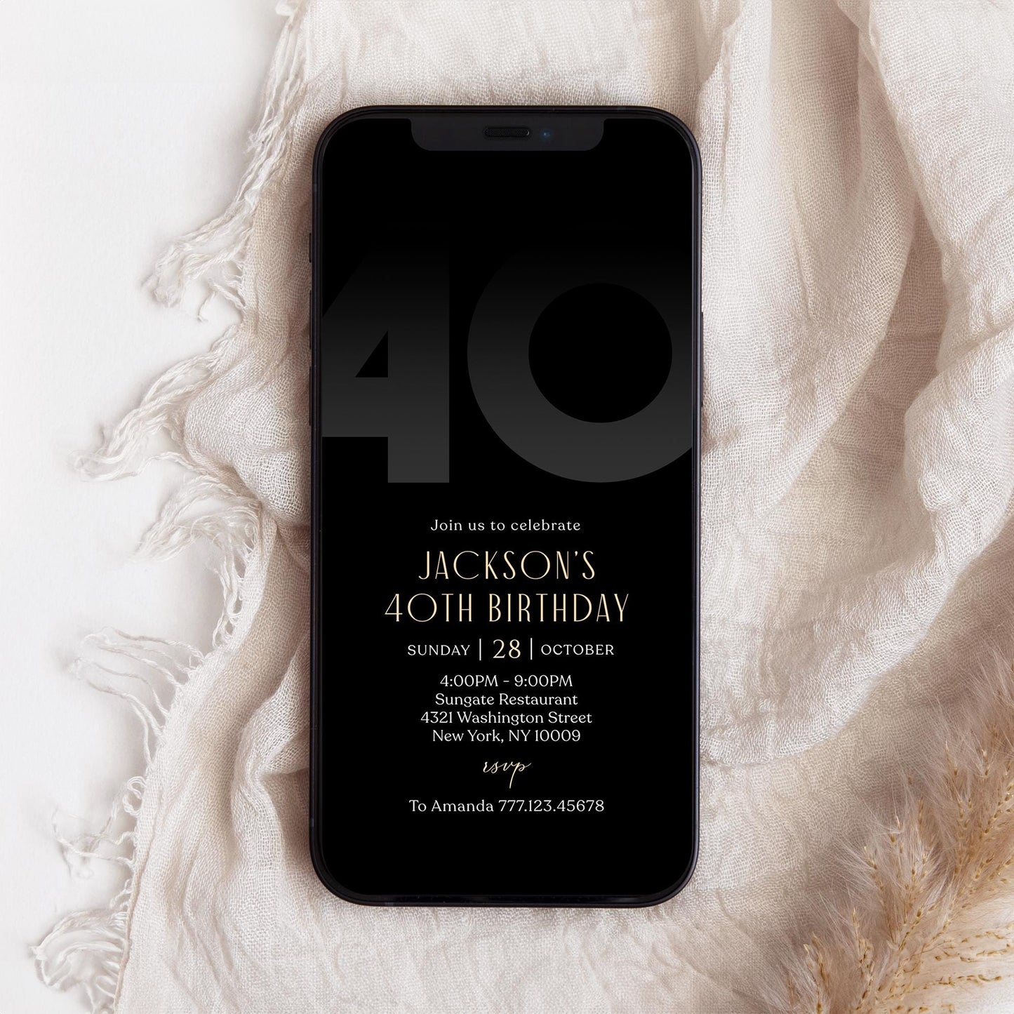 Digital Black 40th Forty Birthday Invitation Template, Electronic Party Invite for Him, Simple Black Elegant Invitation, Text Message Evite
