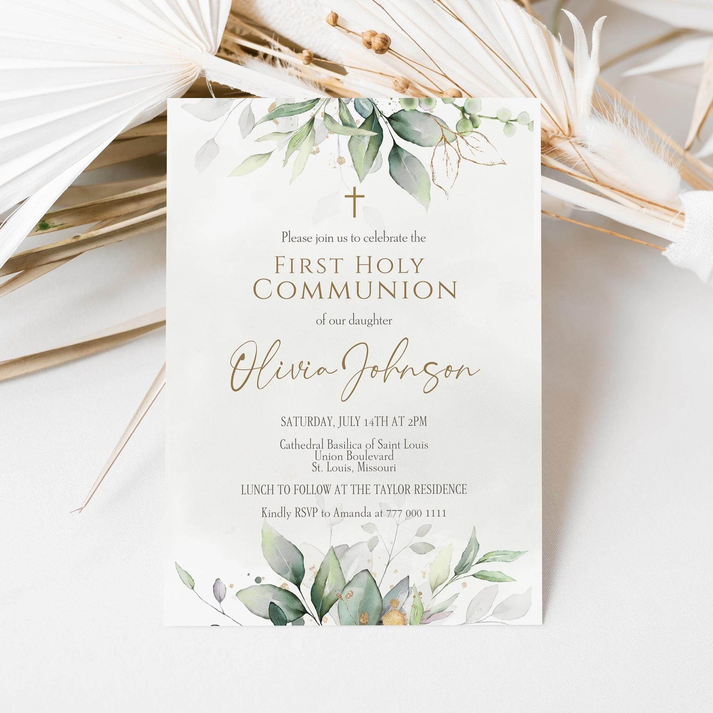 First Communion Invitation Template Printable, Greenery Watercolor Holy Communion Card, Editable Boy Girl Invite, Instant Download