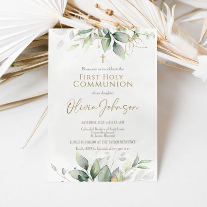 First Communion Invitation Template Printable, Greenery Watercolor Holy Communion Card, Editable Boy Girl Invite, Instant Download