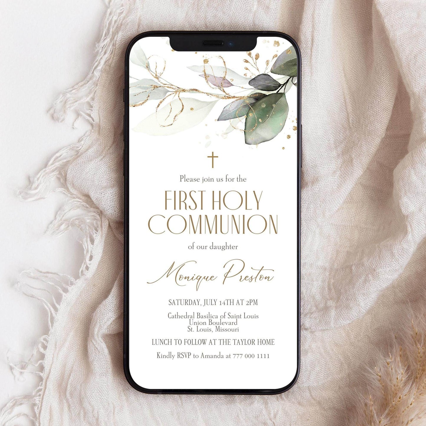 Greenery First Communion Invitation Template | Editable Digital First Holy Communion Evite | Boy or Girl Baptism Text Message Invite