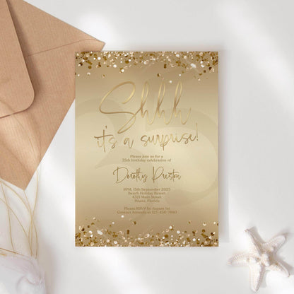 Surprise Party Invitation Template | Editable Gold Foil Birthday Invite | Shhh It’s a Surprise Card | Any Age Printable Evite | Text or Email