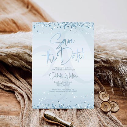 Blue Save the Date Invitation Template | Editable Blue & Silver Birthday Party Invite | Printable Any Age Digital Card | Email or Text Message Evite