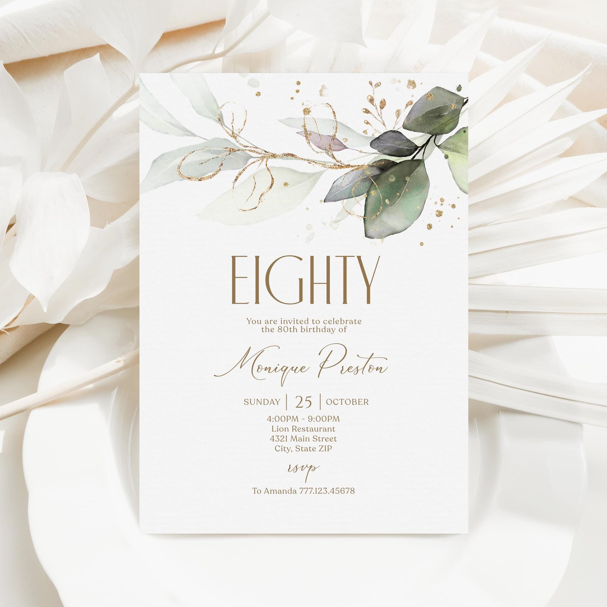 Editable Eighty 80th birthday Invitation Card Template, Printable Greenery Gold Leaves Birthday Invite, Digital Template, Email Text Message
