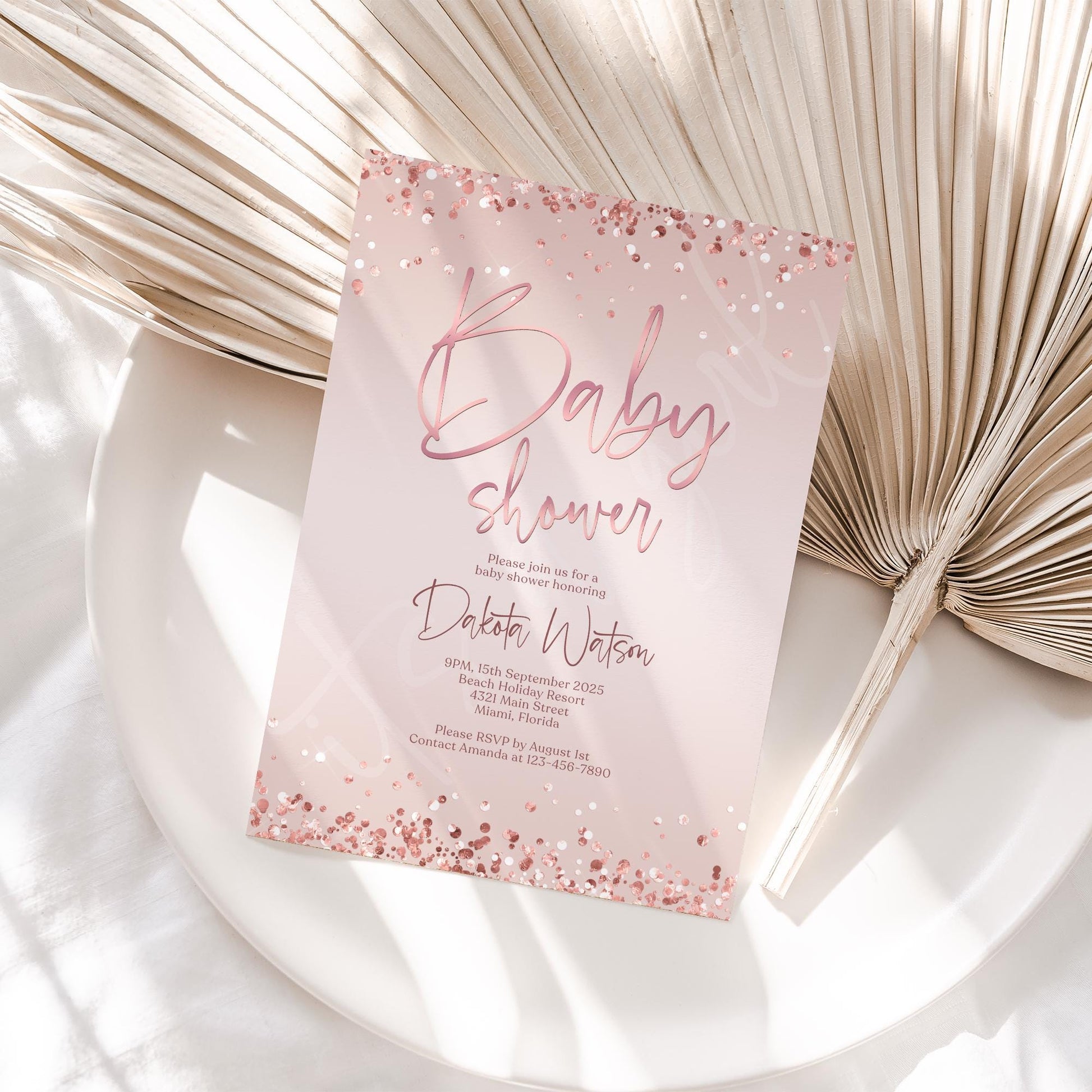 Printable Girl Baby Shower Invitation Template, Pink Rose Gold Confetti Baby Shower Invite, Editable Invitation, Digital Baby Shower Evite