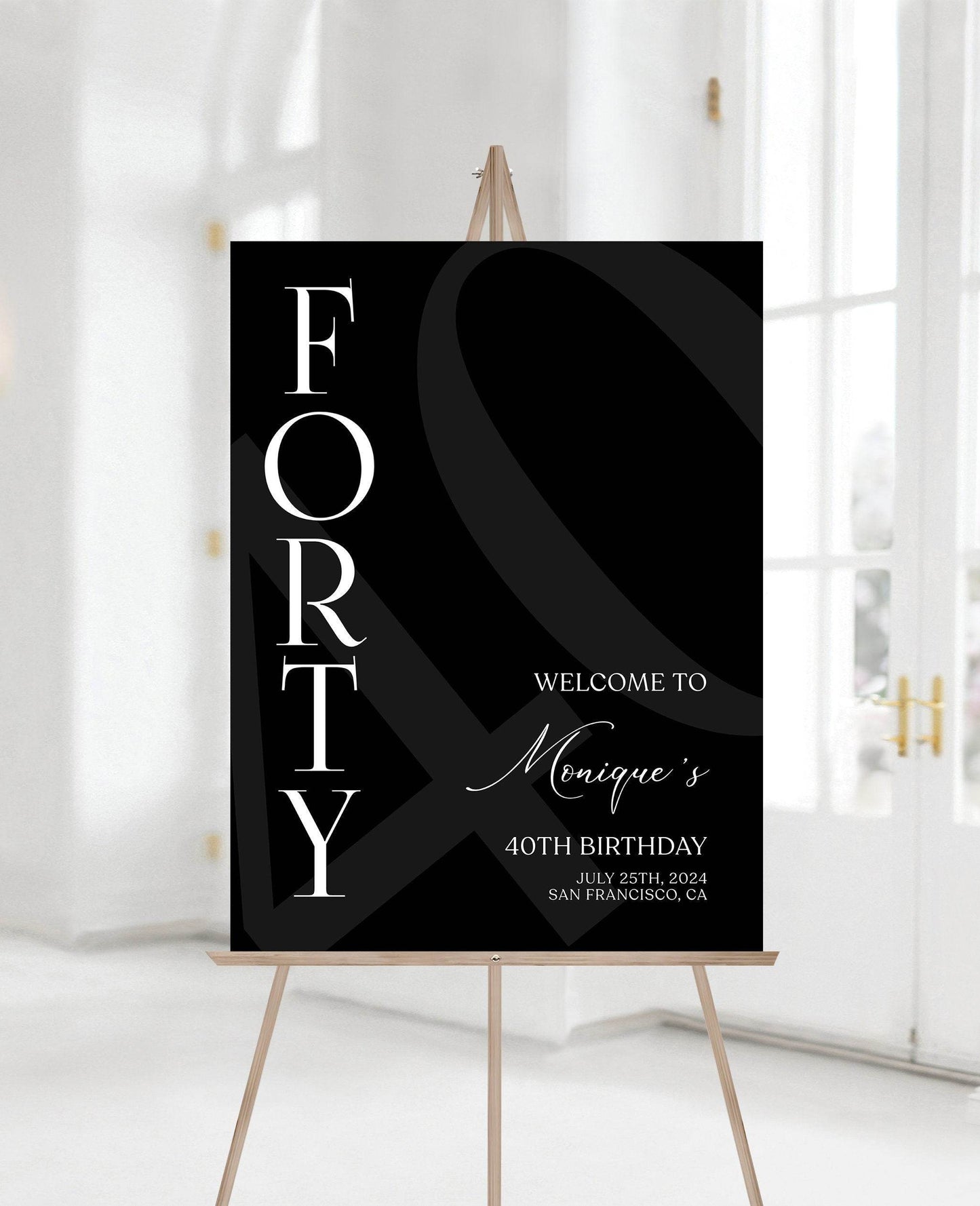 Simple Black 40th Birthday Welcome Sign Template, Minimalist Printable Party Poster, Editable Forty Birthday Decoration, Instant Download