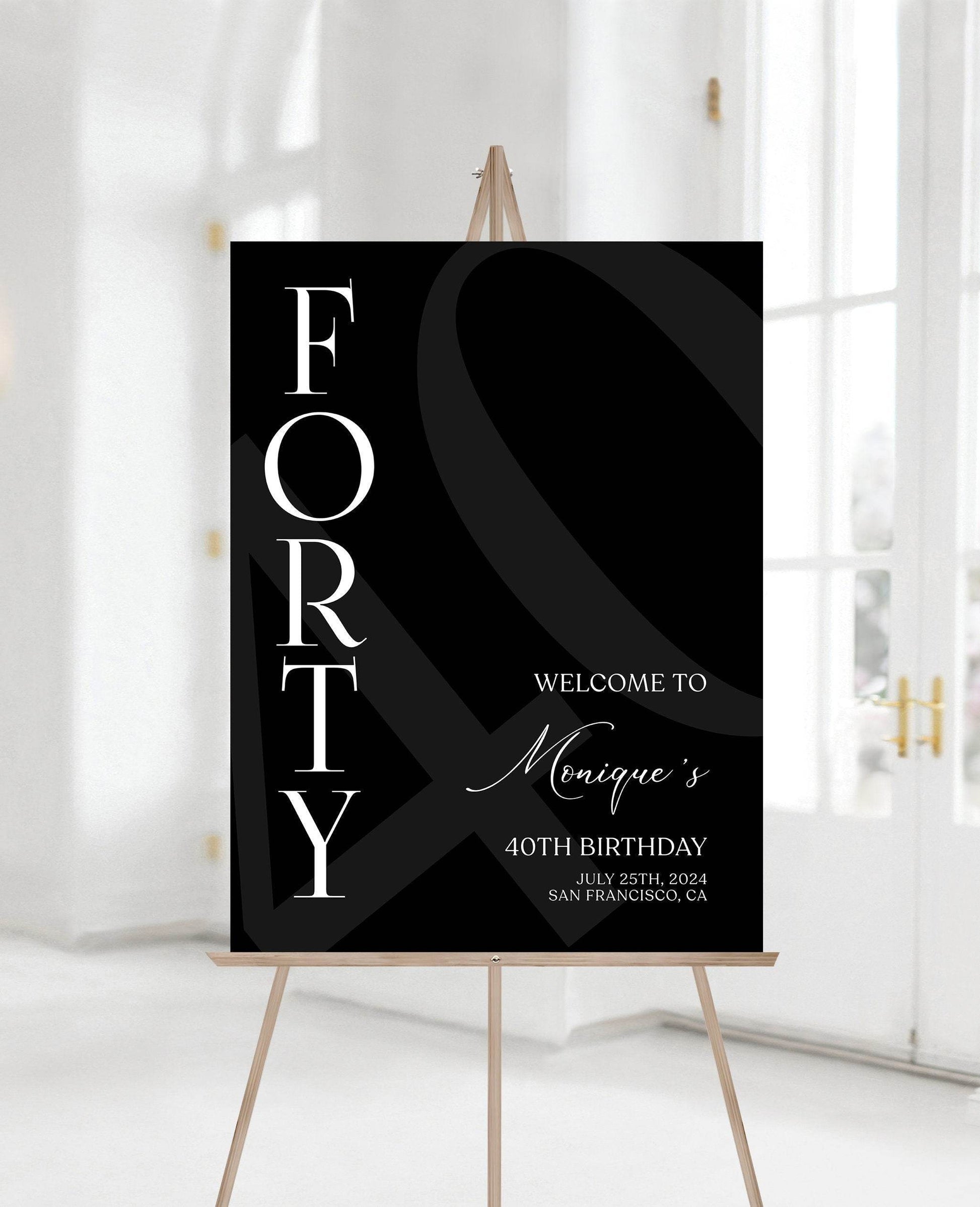 Simple Black 40th Birthday Welcome Sign Template, Minimalist Printable Party Poster, Editable Forty Birthday Decoration, Instant Download